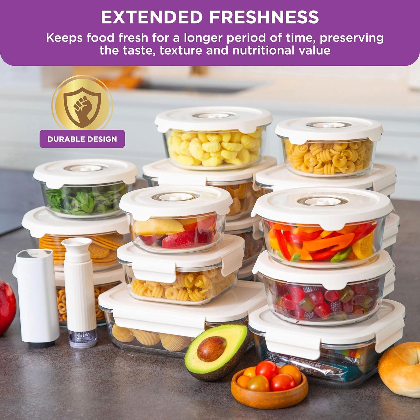 HOLDN’ STORAGE Vacuum Food Storage Containers, Set of 6 Glass Containers & Manual Pump, Keep Food Fresh Longer, BPA-Free Glass, Leak-Proof, Ideal for Meal Prep, Marinating