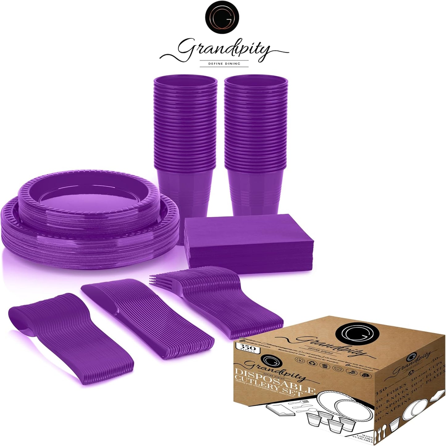 Grandipity 350 Piece Purple Disposable Dinnerware Set, Includes 50 of Each: 9" Dinner Plates, 7" Dessert Plates, 12oz Cups, Paper Napkins, Forks, Knives & Spoons