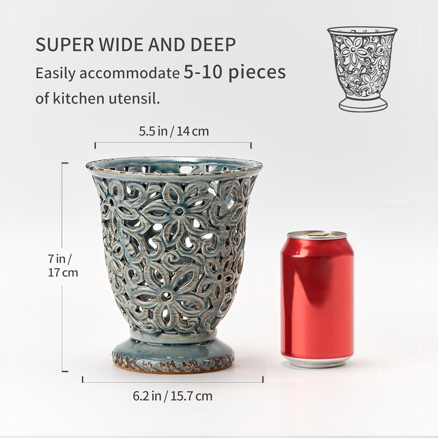 Utensil Holder for Kitchen Counter, Modern Farmhouse Cooking Utensil Holder and Crock Home Kitchen Decor, Ceramic Utensil Organizer for Spatula, Ladle, Eggbeater, Rolling Pin- Grayish Blue, Crackled