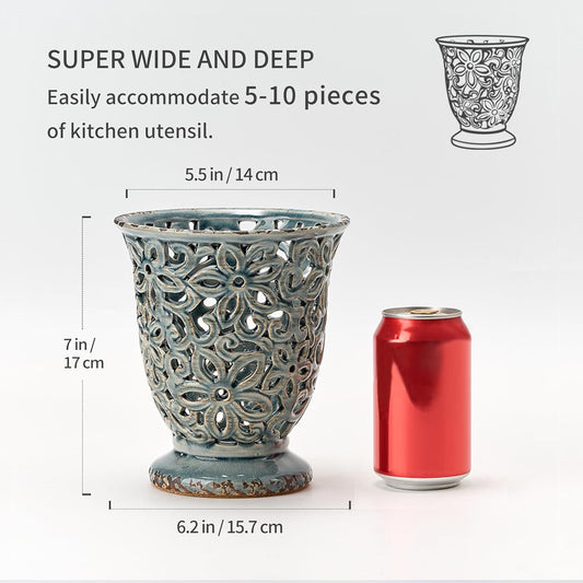 Utensil Holder for Kitchen Counter, Modern Farmhouse Cooking Utensil Holder and Crock Home Kitchen Decor, Ceramic Utensil Organizer for Spatula, Ladle, Eggbeater, Rolling Pin- Grayish Blue, Crackled