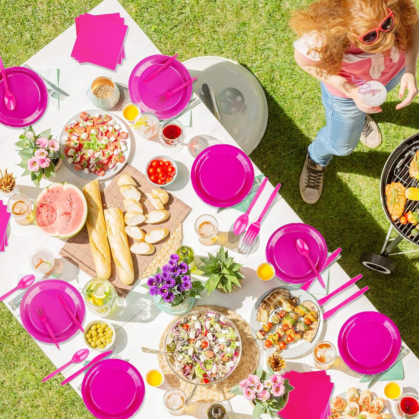 TWOWYHI 228PCS Hot Pink Party Supplies Set Include Paper Plates Cups Hot Pink Napkins Plastic Spoons Forks Knives for 30Guests Disposable Party Dinnerware Sets for Birthday Wedding Family Picnic