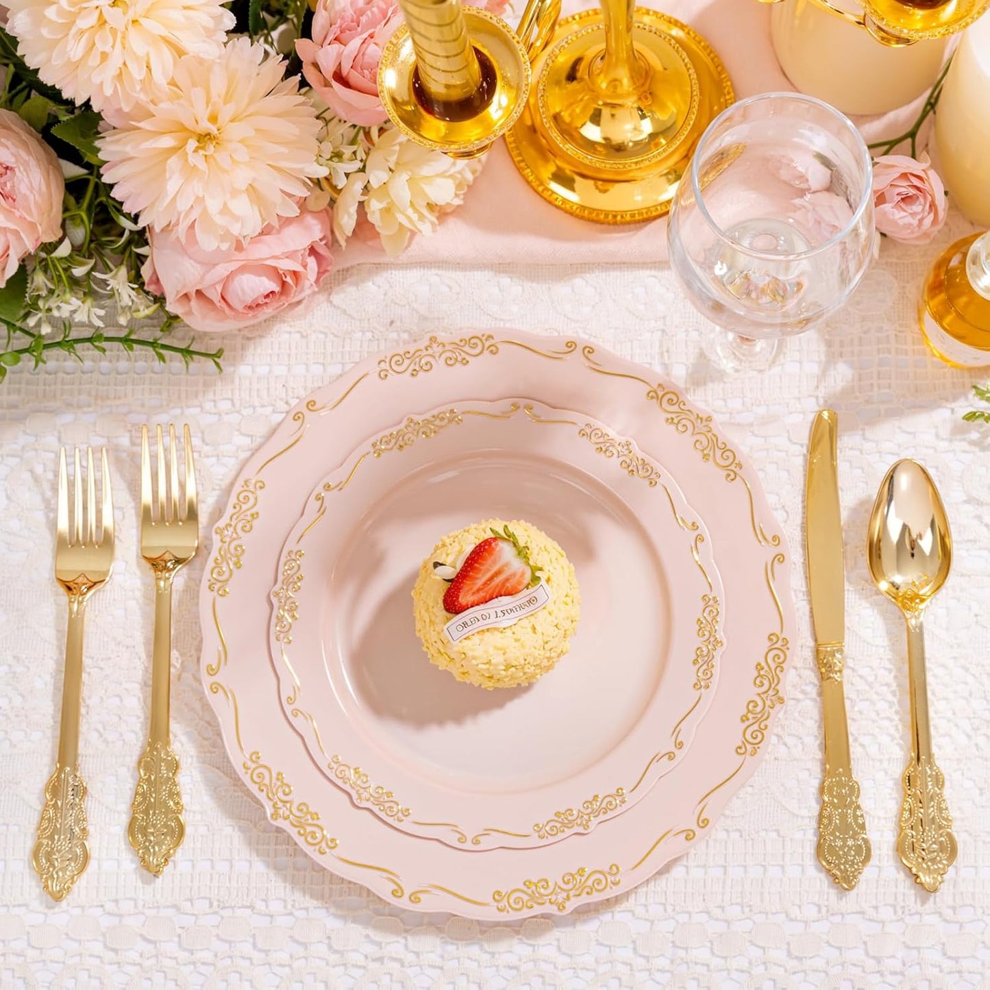 DaYammi 150Pcs Pink Gold Plastic Plates & Disposable Silverware, Pink Disposable Plates for Party Include 30 Dinner Plate,30 Dessert Plate,30 Knives,30 Forks,30 Spoons for Wedding Catering