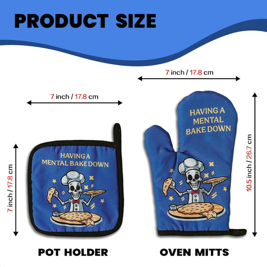 Funny Skeleton Oven Mitts and Pot Holders（Set of 2） Having A Mental Bake Down Heat Resistant Kitchen Mitts Silicone Non-Slip Oven Mitts Sweet Housewarming Gift for Women Men Chef Bake Lover