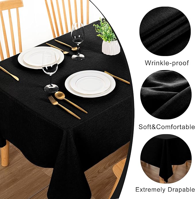 DWCN Black Table Cloth Rectangle - Faux Linen Fabric Waterproof Spill-Proof Wrinkle and Stain Resistant Tablecloths Decorative Farmhouse Table Cover for Kitchen Dining Party, 60 x 84 Inch