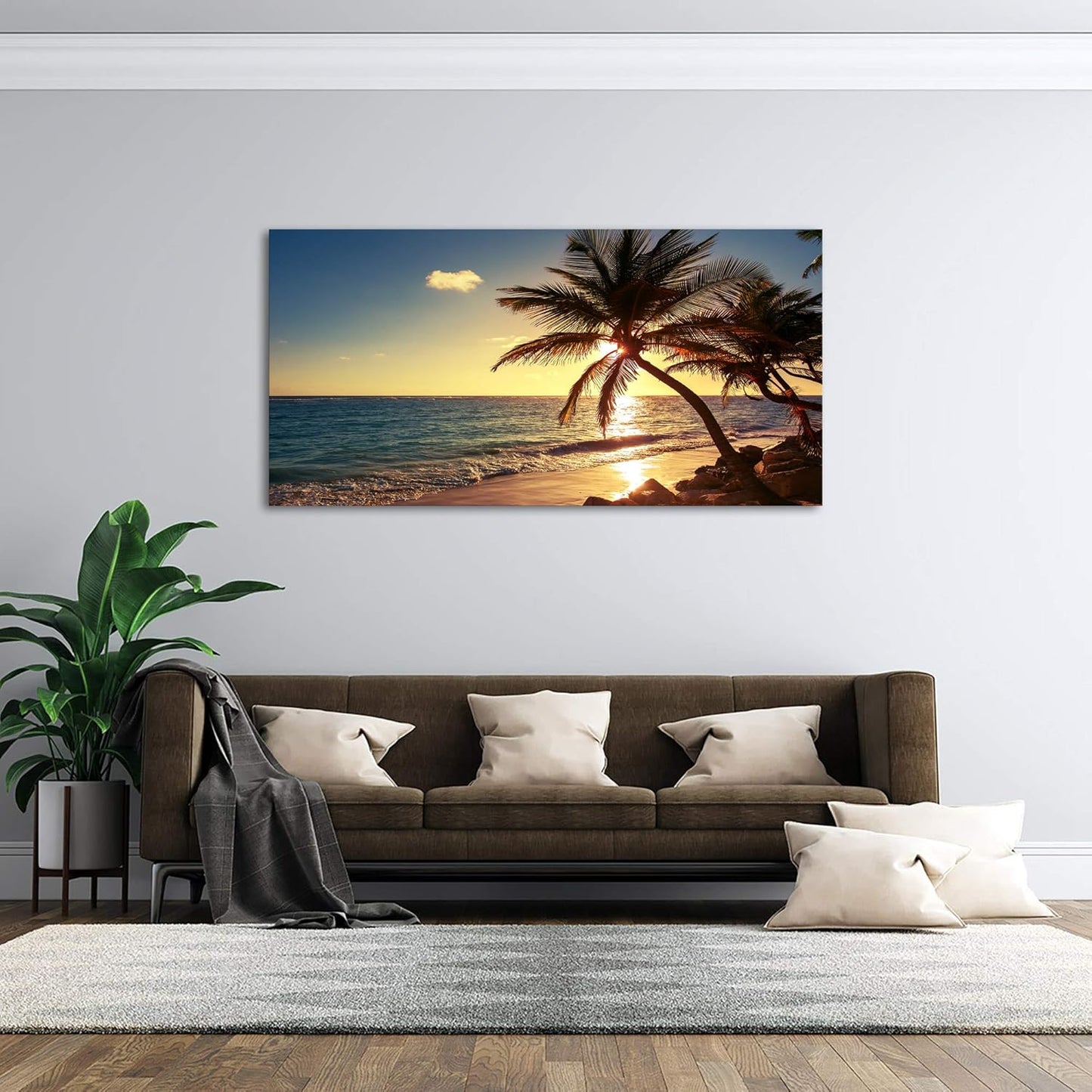 Muolunna S04950 Wall Art Decor Large Canvas Print Picture Sunset Ocean Beach Waves 1 Panel Coconut tree Scenery Modern Painting Artwork for Office Home Decoration Stretched and Framed Ready to Hang