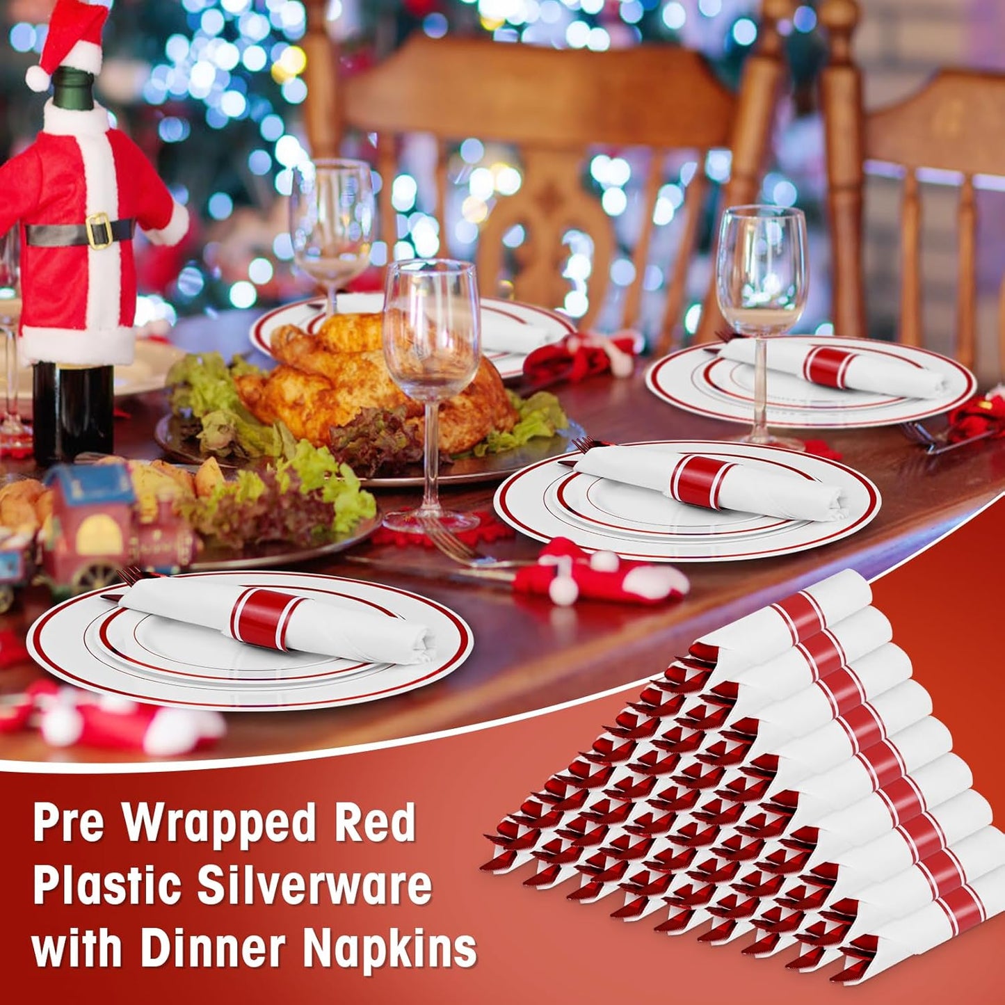 100Pack Red Pre Rolled Plastic Silverware - Wrapped Red Disposable Cutlery with Napkins, Heavy Duty Rolled Plastic Silverware Set, Disposable Utensils with Dinner Napkins for Valentine's Day