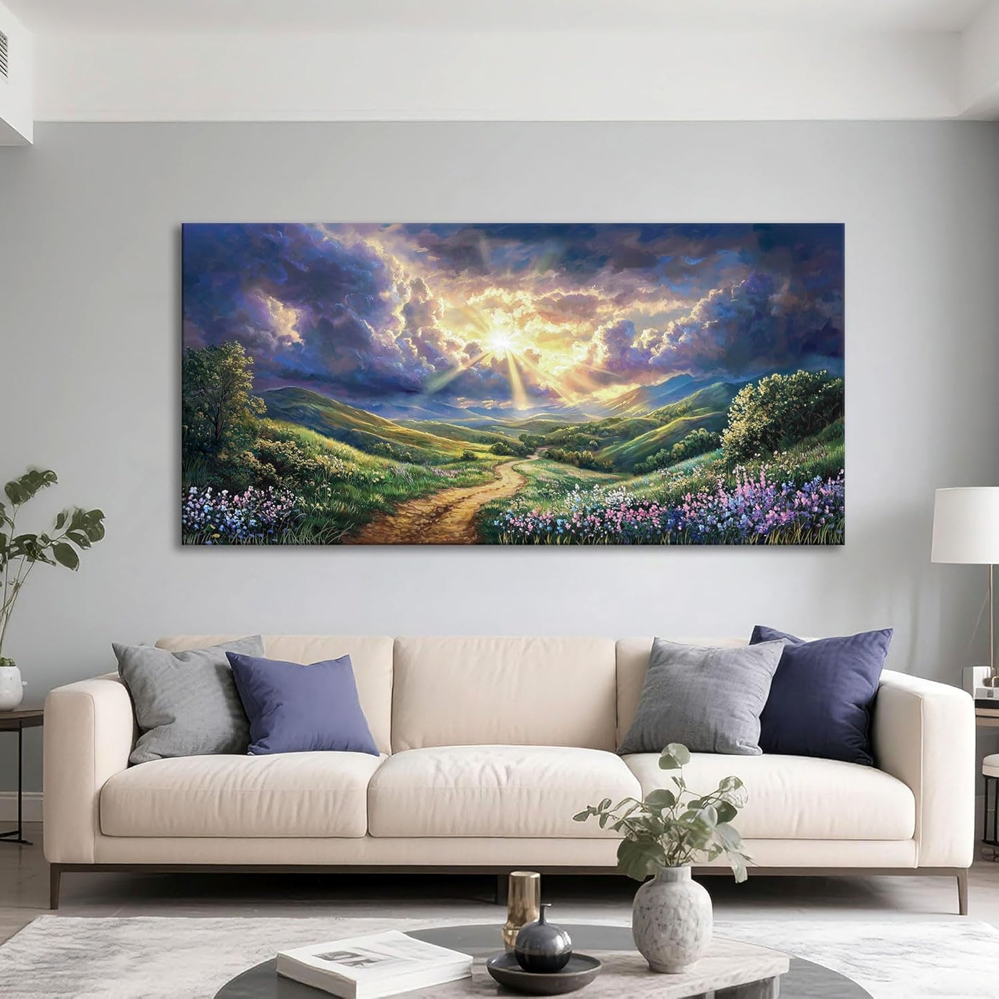 HKDGOKA Large Landscape Canvas Wall Art, Green Mountains Purple Clouds Flower Scenery Canvas Pictures Paintings Artwork for Living Room Bedroom Office Kitchen Home Wall Decor 29x58 IN