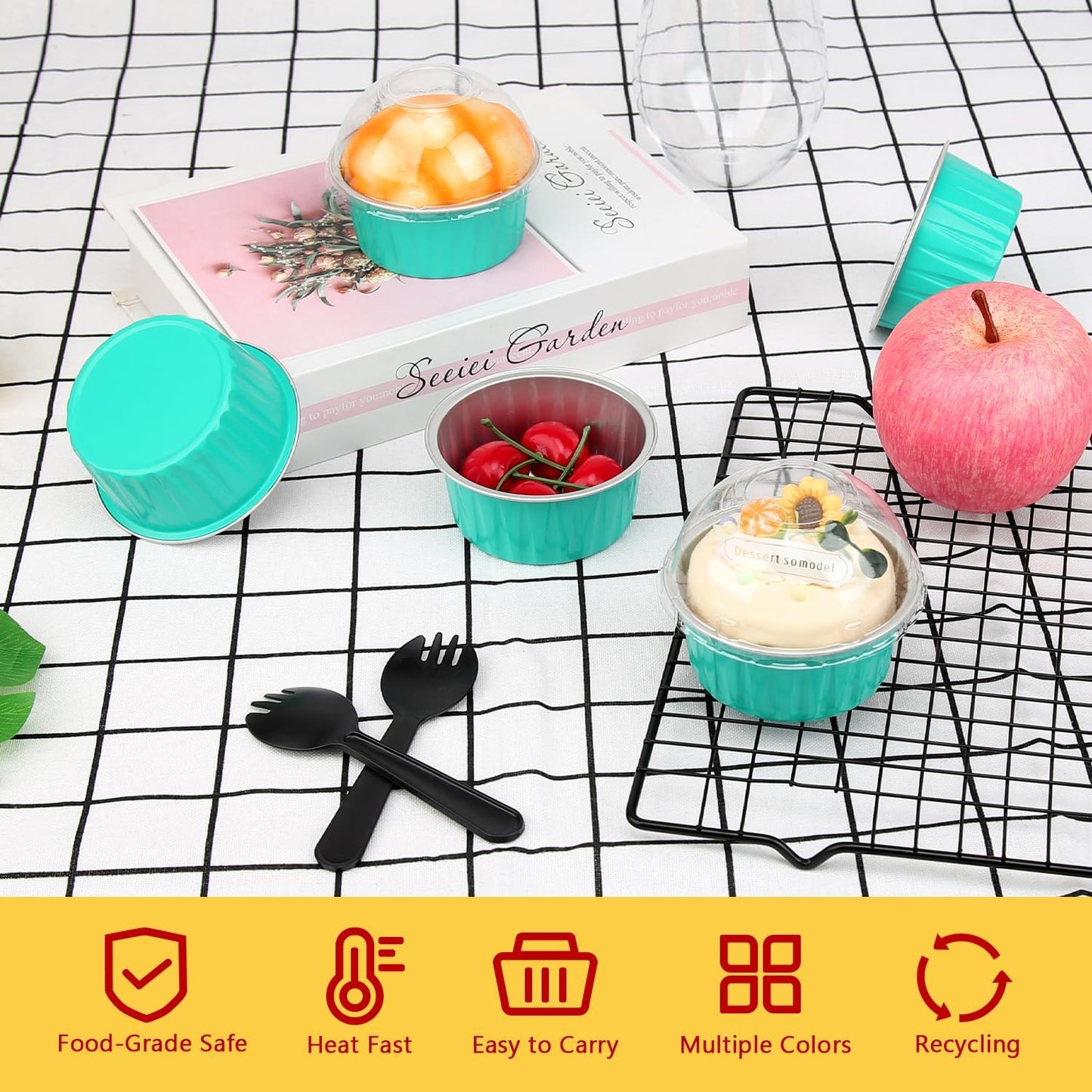 Disposable Ramekins with Lids 50 Pack,Free-Air 5oz Aluminum Foil Cupcake Cups Baking Tin,Mini Muffin Tins Cupcake Containers Holders for Home And Business -Cyan Blue