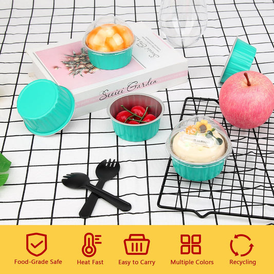 Disposable Ramekins with Lids 50 Pack,Free-Air 5oz Aluminum Foil Cupcake Cups Baking Tin,Mini Muffin Tins Cupcake Containers Holders for Home And Business -Cyan Blue
