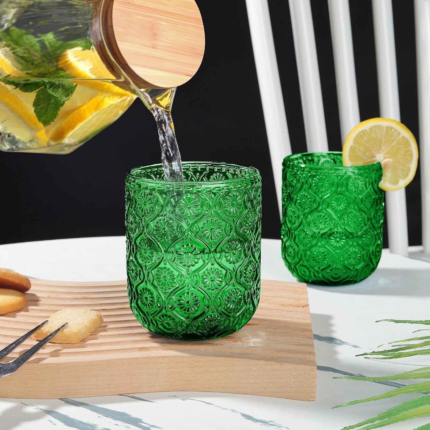Joeyan Small Drinking Glasses,Vintage Green Embossed Floral Water Glass Tumbler Cups,Colored Beverages Cocktail Juice Wine Glassware,9 oz,Set of 4,Dishwasher Safe