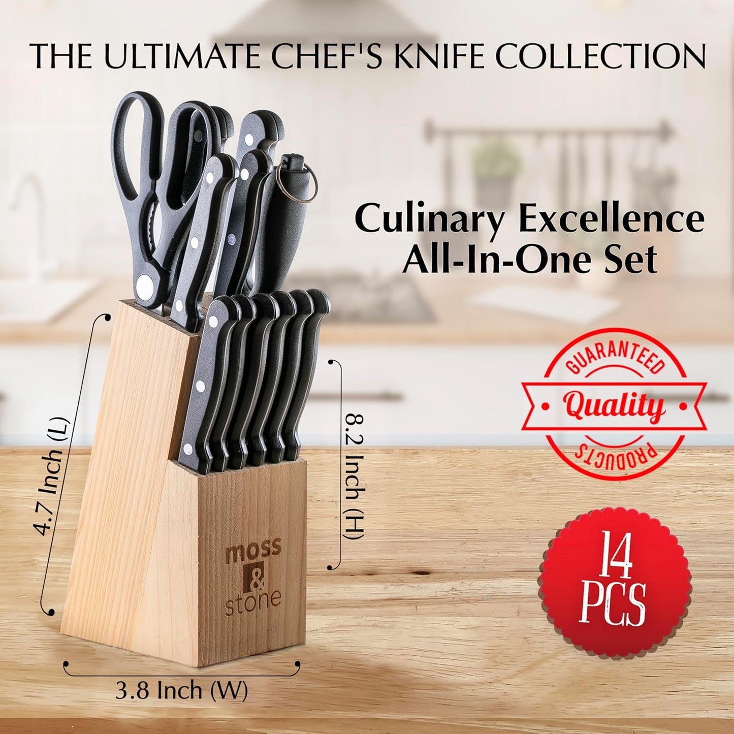 Moss & Stone 14 Pcs Knife Block Set Stainless Steel, Premium Forged Kitchen Knives Set with High-Carbon Blades, Ergonomic Handle, Sharp Blade, Rust Resistant, Modern Style for Home & Chef, Black