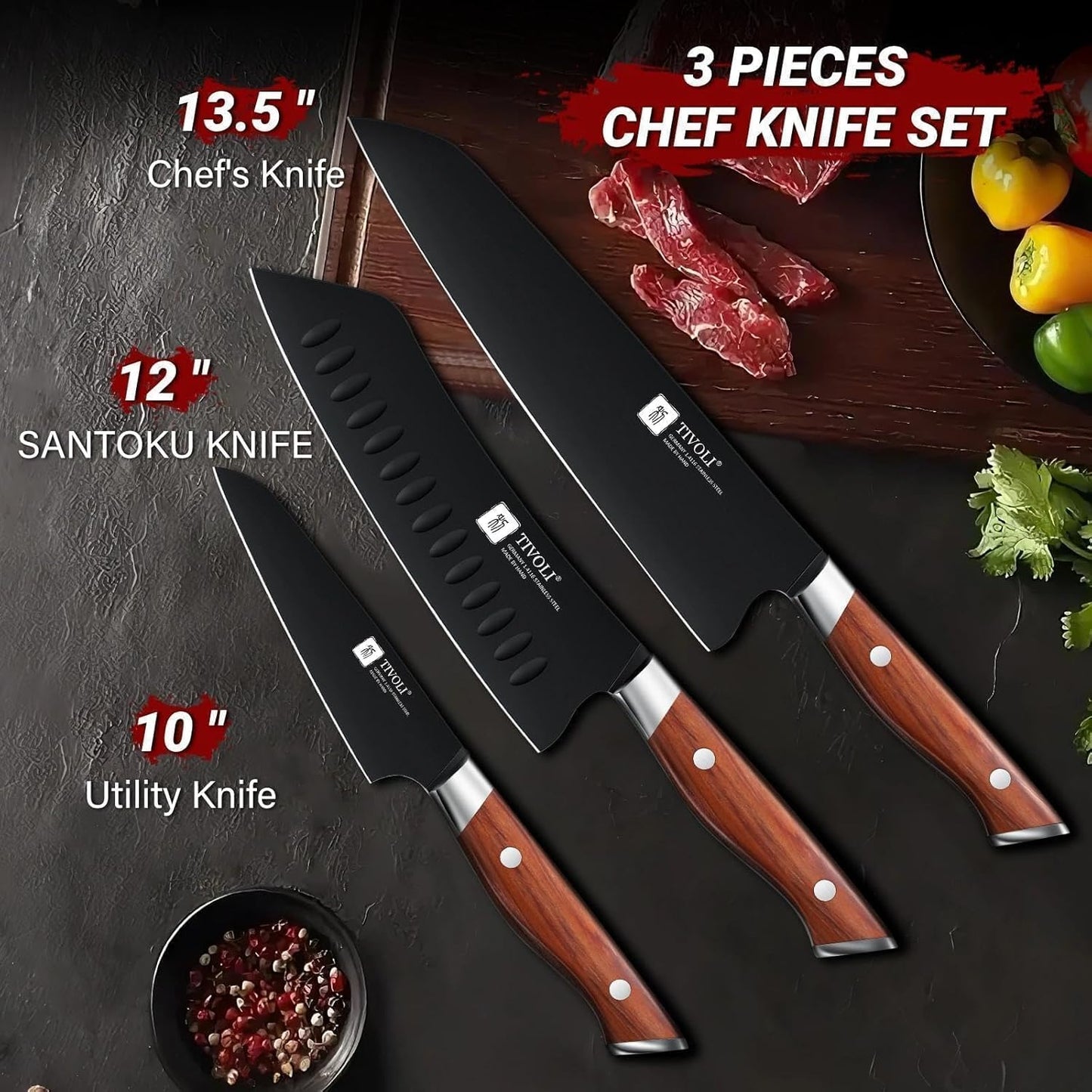 TIVOLI Chef Knife Set, Professional 3PC Santoku Knives Set, High Carbon Steel Ultra Sharp Deep Cooking Knife Set with Ergonomic Wood Handle for Meat Vegetable Fruit, Dad Mom Gift