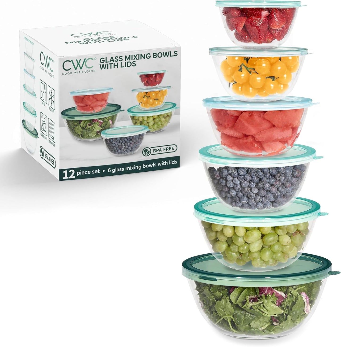 COOK WITH COLOR 12 Pc Glass Mixing Bowl Set with Lids – Borosilicate Glass Nesting Bowls for Cooking, Baking and Meal Prep, Sage