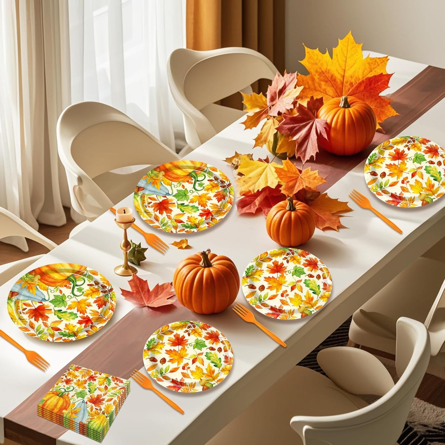 96 Pieces Fall Pumpkin Party Tableware Set – Autumn-Themed Disposable Plates, Napkins, and Orange Forks for Thanksgiving, Harvest Festivals, and Fall Gatherings – Serves 24 Guests