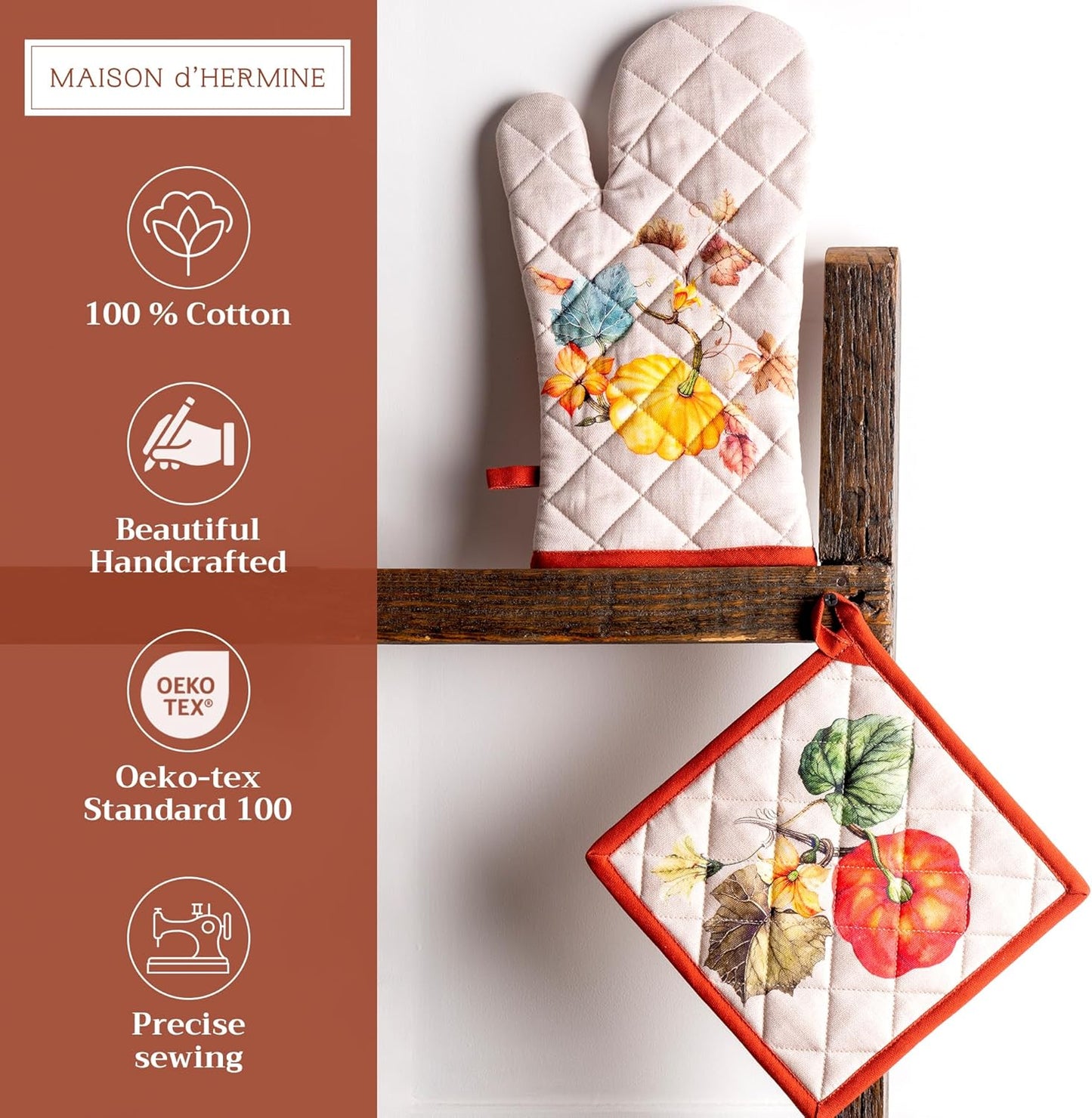 Maison d' Hermine 100% Cotton Oven Mitt & Pot Holder Set (7.5"x13" & 8"x8") Heat Resistant BBQ Cooking Gloves with Loop for Thanksgiving Christmas Decorations Handling Hot Pans (Potiron)