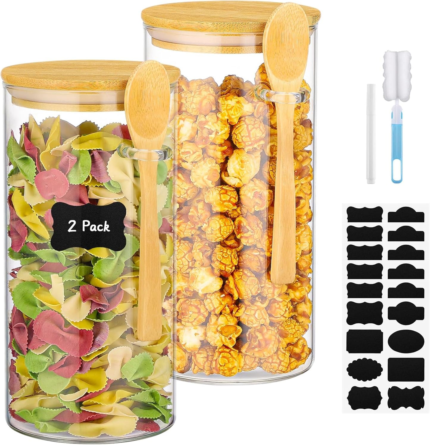 Glass Jars with Bamboo Lids and Spoon - 2 Pack 44 Fl.oz Round Pasta Storage Containers with Airtight Lid, Includes Labels, Marker and Brush, Large Kitchen Pantry Canisters for Rice, Noodles