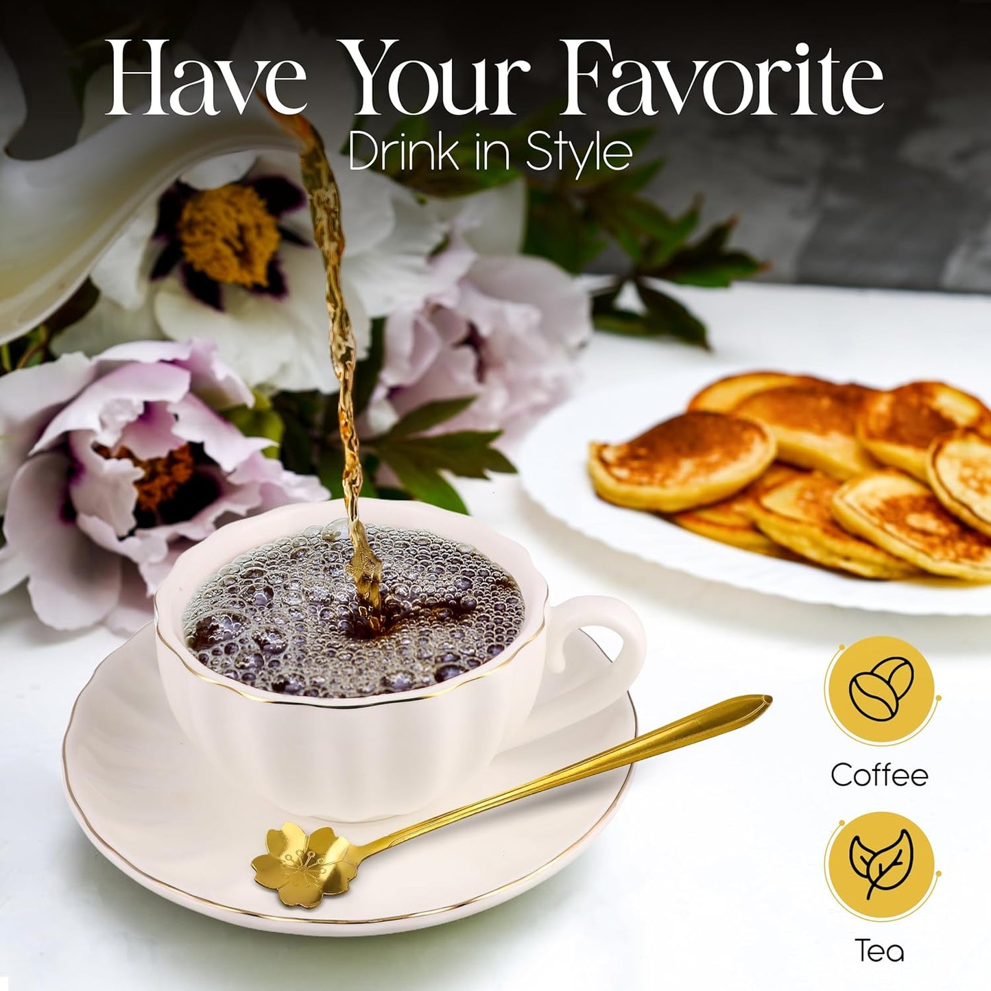 8oz Cappuccino Cups Set of 4 – Porcelain Gold Rimmed White 4 Cappuccino Cup and Saucer Set & Gold Spoons, Latte Cups, Coffee & Tea Mug and Saucer Set