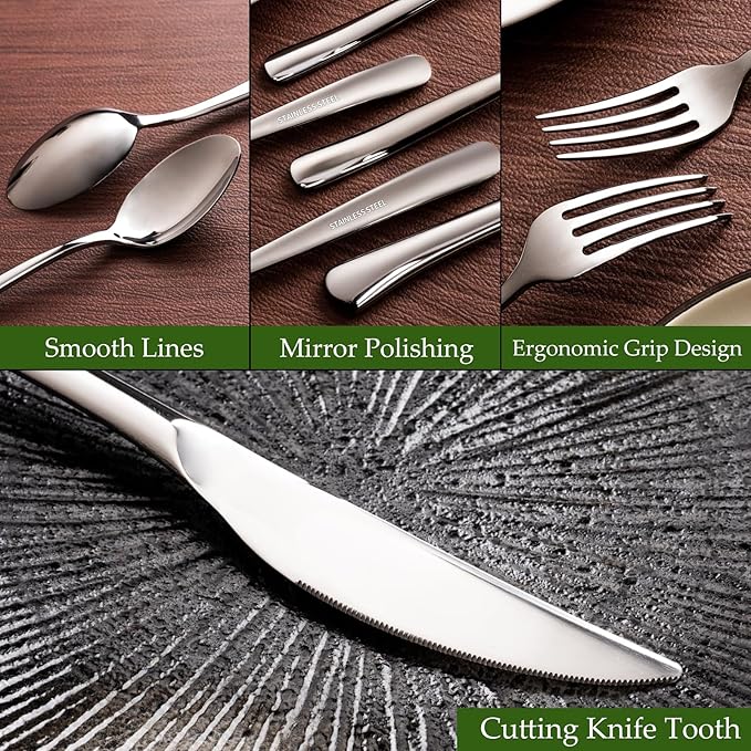 Aisoso 60-Piece High-End Silverware Set with Forks Spoons and Knives, Stainless Steel Serving Utensils for 12 with Mirror Finished Handle, Durability and Dishwasher Safe for Restaurant, Weddings