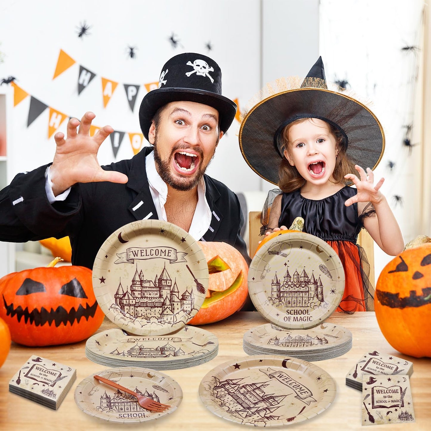 96 Pieces Wizard School Tableware Set – Magical Castle Disposable Dinnerware with Paper Plates, Napkins, Forks for Birthday, Halloween Events, Fantasy Celebrations for Kids Boys Girls Serves 24 Guests