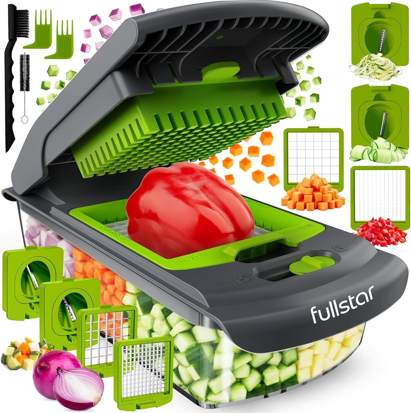 Fullstar The Original Pro Chopper - Vegetable Chopper and Spiralizer, Food Chopper with Container, Fruit Slicer, Kitchen Gadgets & Accessories, Home Essentials (4 in 1, Gray/Green)