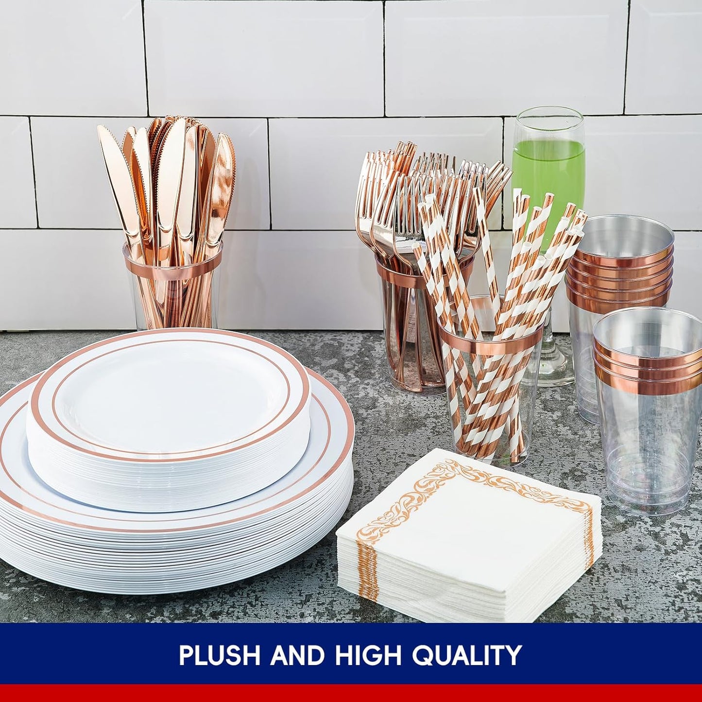 250 Count Rose Gold Disposable Plastic Dinnerware Set, 50 Rose Gold Plastic Plates, 25 Silverware, 25 Cups and Straws, 50 Napkins, Perfect for Wedding Party