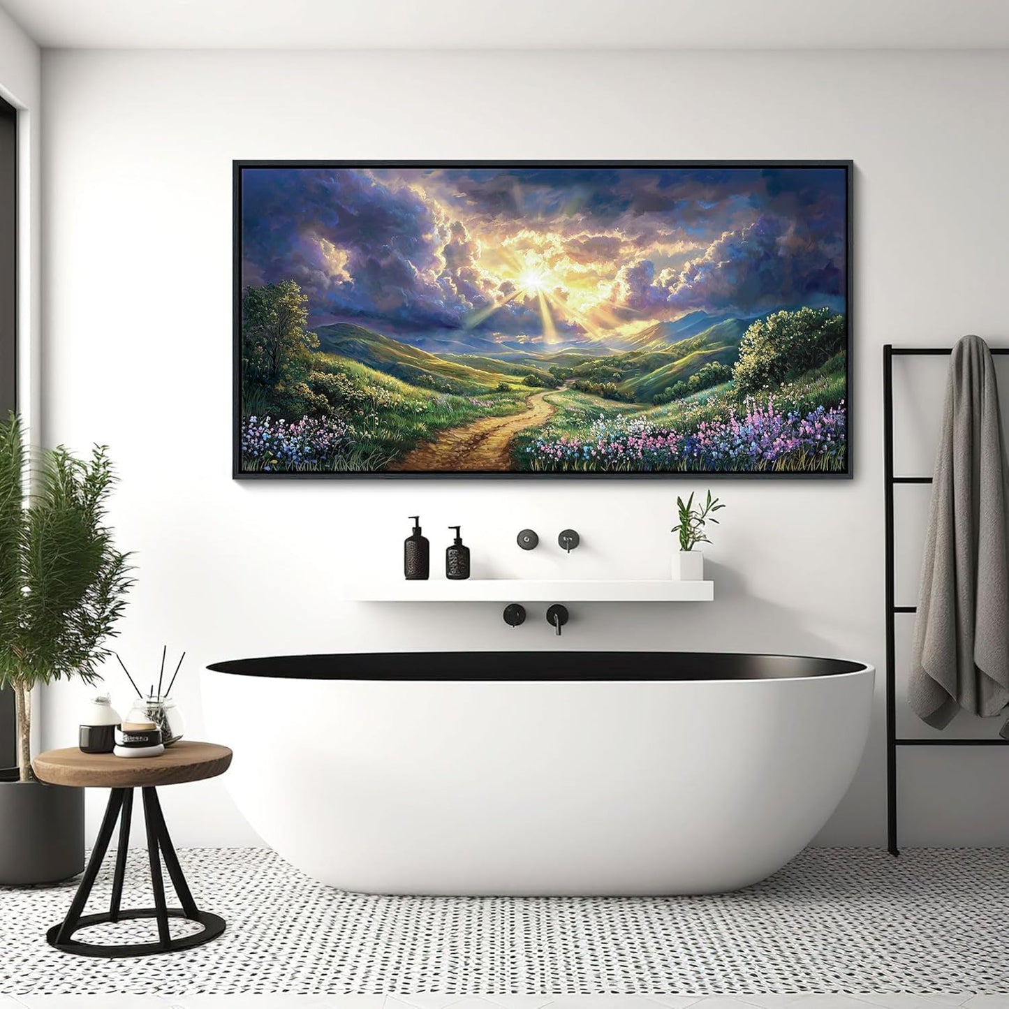 HKDGOKA Large Landscape Wall Art, Green Mountains Purple Clouds Flower Scenery Canvas Pictures Paintings Framed Artwork for Living Room Bedroom Office Kitchen Home Wall Decor 29x58 IN