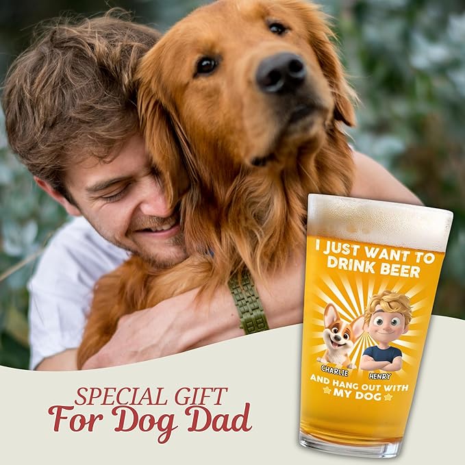 Wrappiness Dog Dad Personalized Beer Glass - I Just Want To Drink Beer and Hang out With My Dog, Cute Cup for Men Pet Lovers, Custom Chibi Art and Breeds, Fathers Day Birthday Gifts for Him