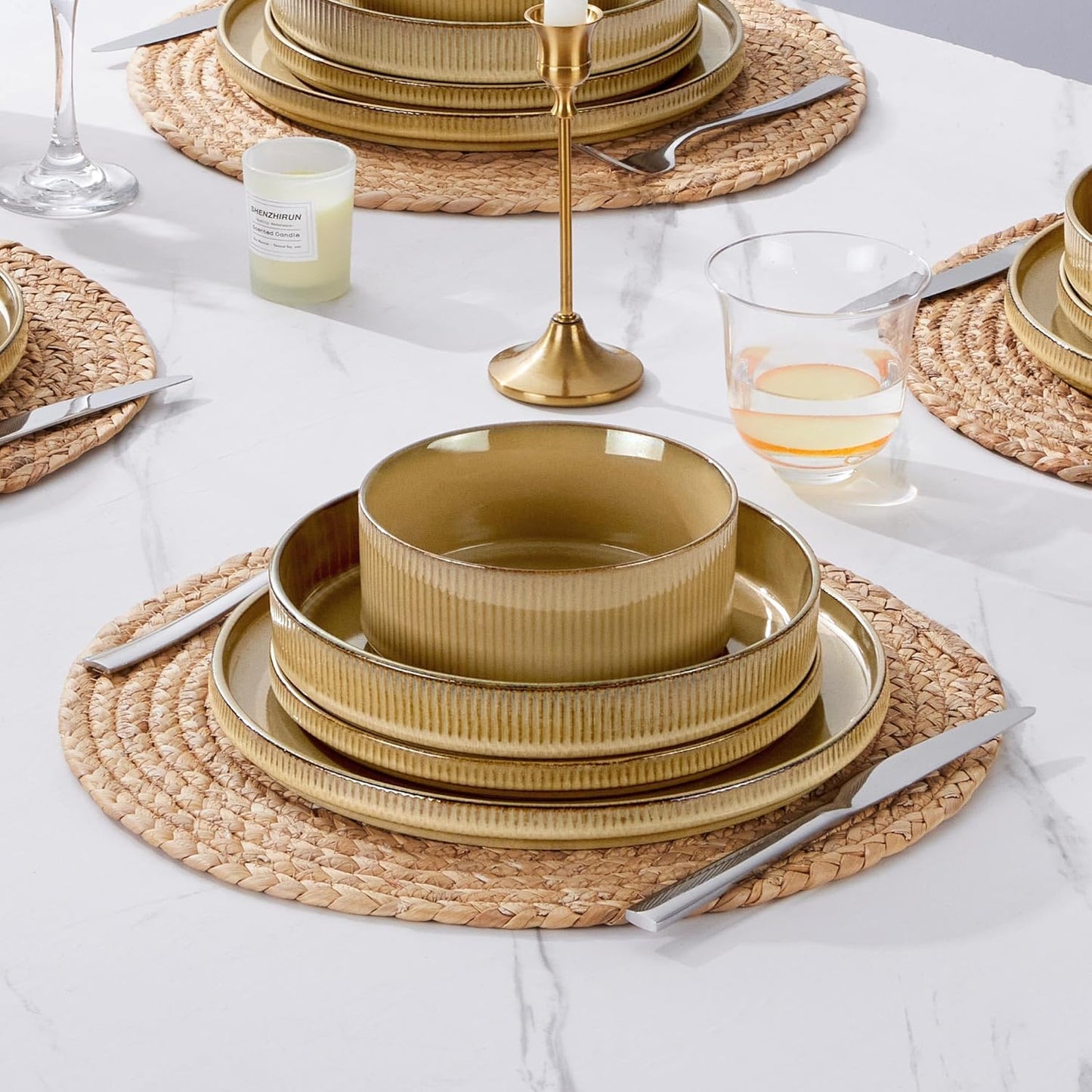 E-far 16 Piece Dinnerware Sets, Plates and Bowls with Pasta Bowls Service for 4, Modern Stoneware Ribbed Dishes for Kitchen Dining, Microwave & Dishwasher Safe, Caramel Khaki