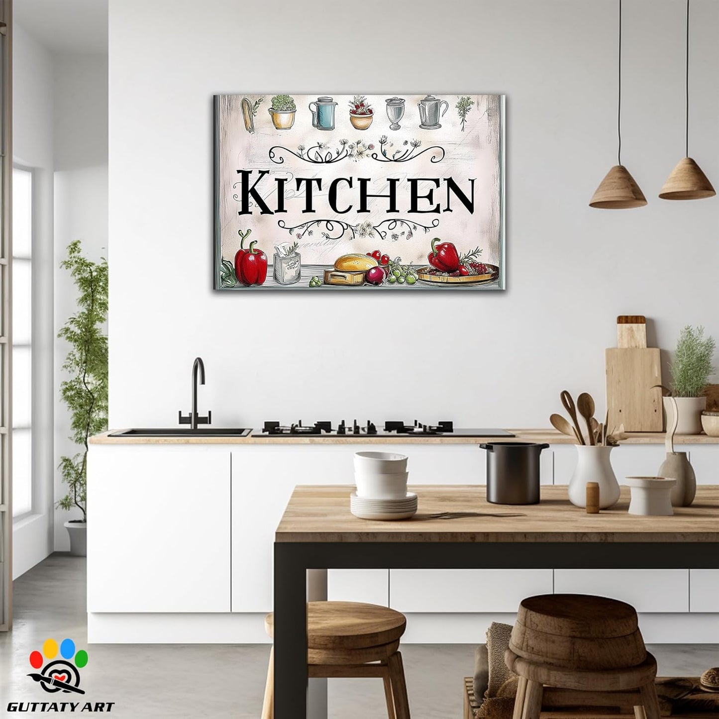GUTTATY Kitchen Pictures Wall Decor, Farmhouse Wall Art Decor Colorful Vegetables and Flowers Painting for Dinning Room Restaurant Decor, Mother's Day Gift for Grandma Mom Hanging Artwork 32×48 Inch