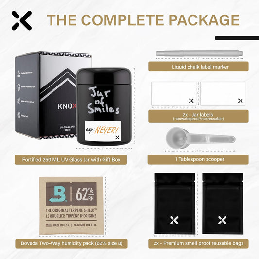 250ml Airtight Container | Ultraviolet Glass Screw Top Jar | Airtight Storage Container| Includes 2 Way 62% Boveda Pack and Accessories | Fortify Goods Freshness for Months