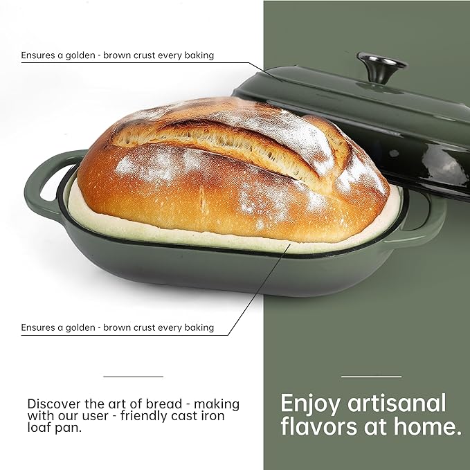 Premium Enameled Cast Iron Dutch Oven for Bread Baking | Non-Stick 2QT Oval Bread Oven with Lid | Perfect for Sourdough, Loaf, and Artisan Baking (Oval Green, 5 QT)