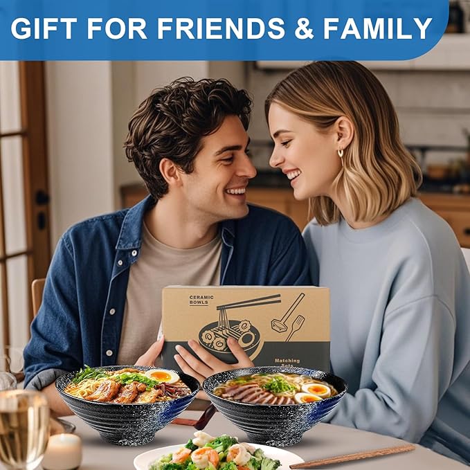 8-Inch Ceramic Ramen Bowl Set of 2 (9 Piece) - Porcelain Japanese Salad Noodles Cereal Fruit Pasta Soup Large Bowls with Recipes Chopsticks Forks Spoons for Men Women Gift Microwave & Dishwasher Safe
