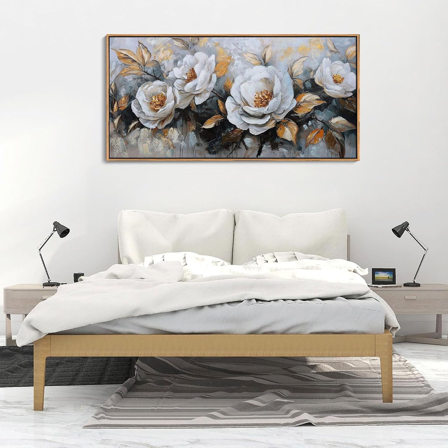 HKDGOKA Large Vintage Canvas Wall Art, White Gold Peony Flowers Paintings Abstract Floral Golden leaves Framed Artwork Picture for Living Room Bedroom Kitchen Home Office Decor 24x48 IN