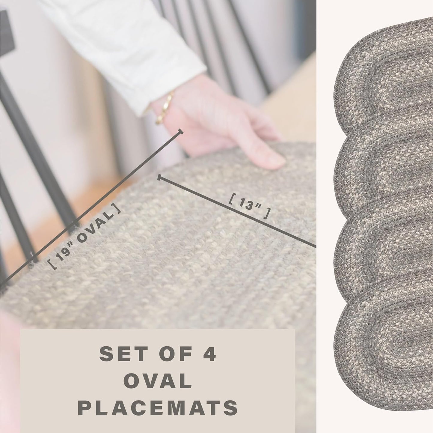 Homespice Grey Cloud Jute Braided Placemats, Warm Country Decor, Set of 4, Grey 13x19 Oval Table Mats - Vibrant Colors, Durable, Easy to Clean and Protects Furniture