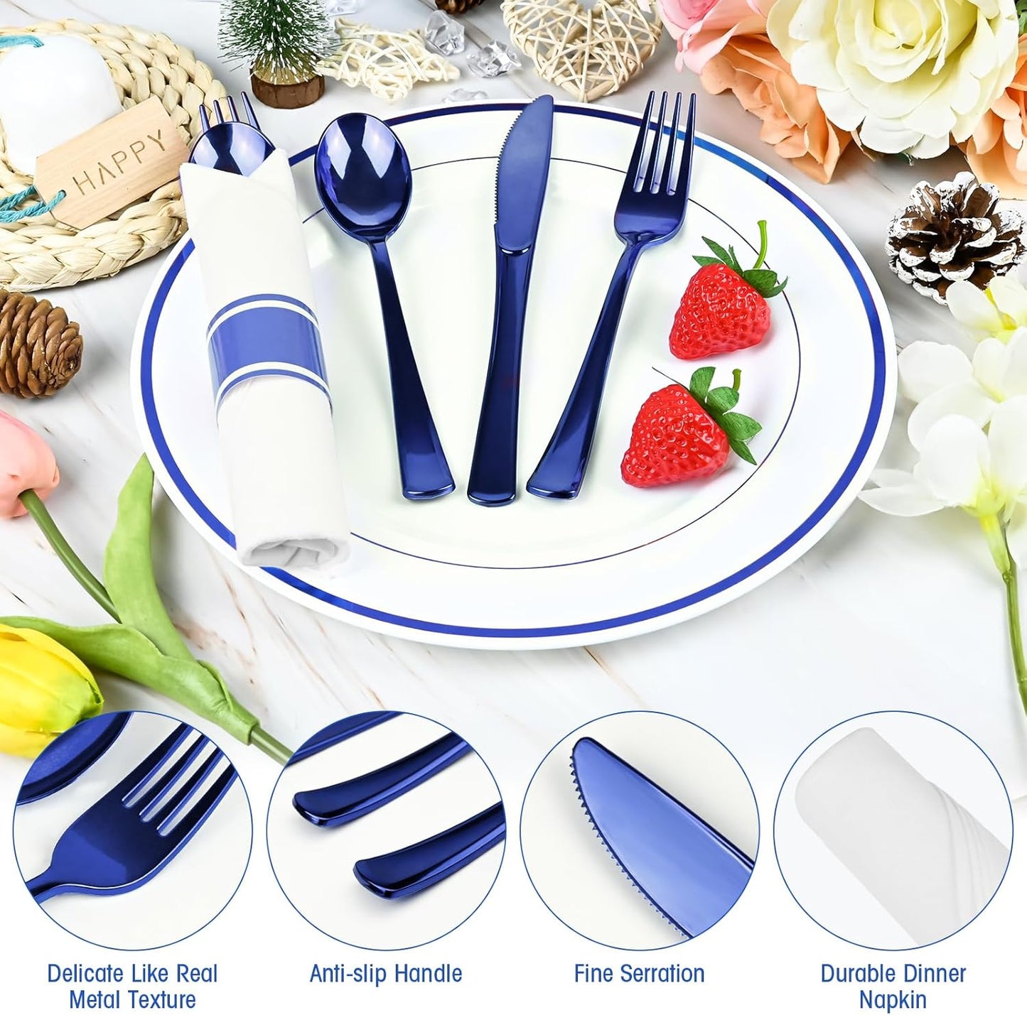 100Pack Blue Pre Rolled Plastic Silverware - Wrapped Blue Rolled Cutlery with Napkins, Heavy Duty Prerolled Plastic Silverware Set, Disposable Utensils with Dinner Napkins for Party
