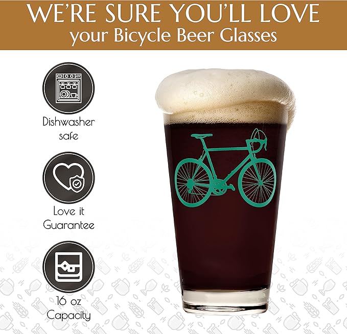 Greenline Goods - Bicycle Beer Glasses (Set of 2) |16 oz Drinkware with Colorful Cyclist Designs | Premium Decorative Glassware | Unique Gifts for Cyclists & Bike Riders [Green]
