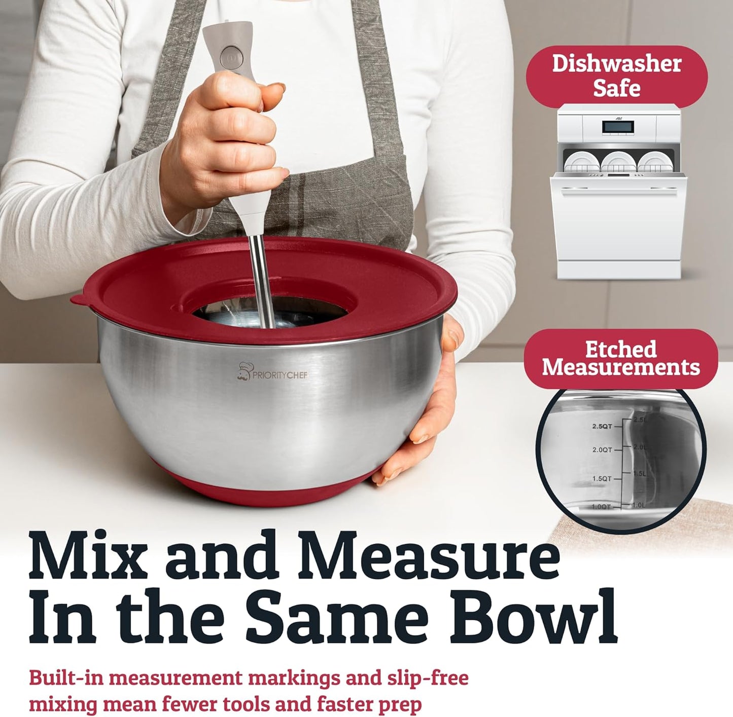 Priority Chef Stainless Steel Mixing Bowls with Lids Set, Metal Nesting Bowls with Airtight Lids, Graters, Non-Slip Base & Measurement Marks, Includes Utensil Set for Prep, Baking & Storage, Red