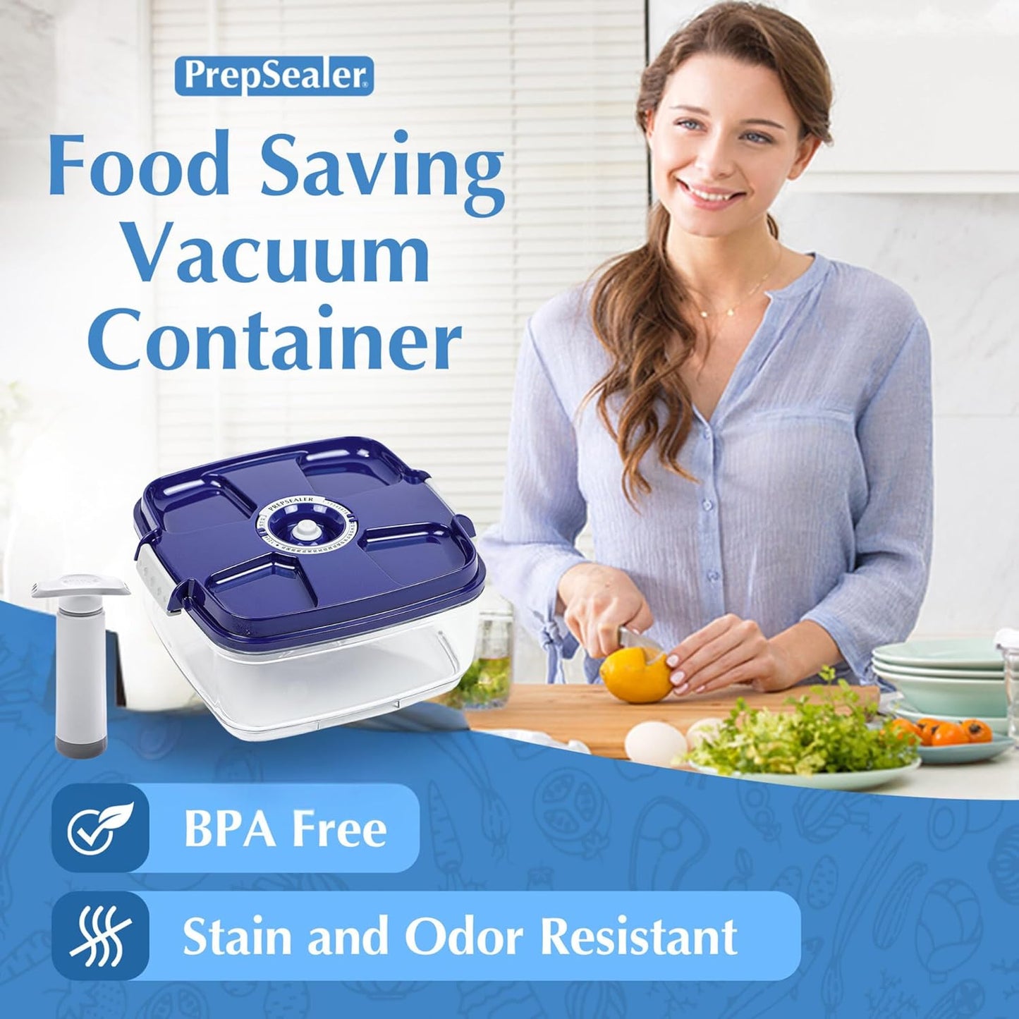 PrepSealer Marinating Vacuum System Container-Makes Food Tastier, Juicier, Healthier and More Tender (2 Liter, Square Shape, Tritan Material, Blue Color, Manual Hand Pump Included)