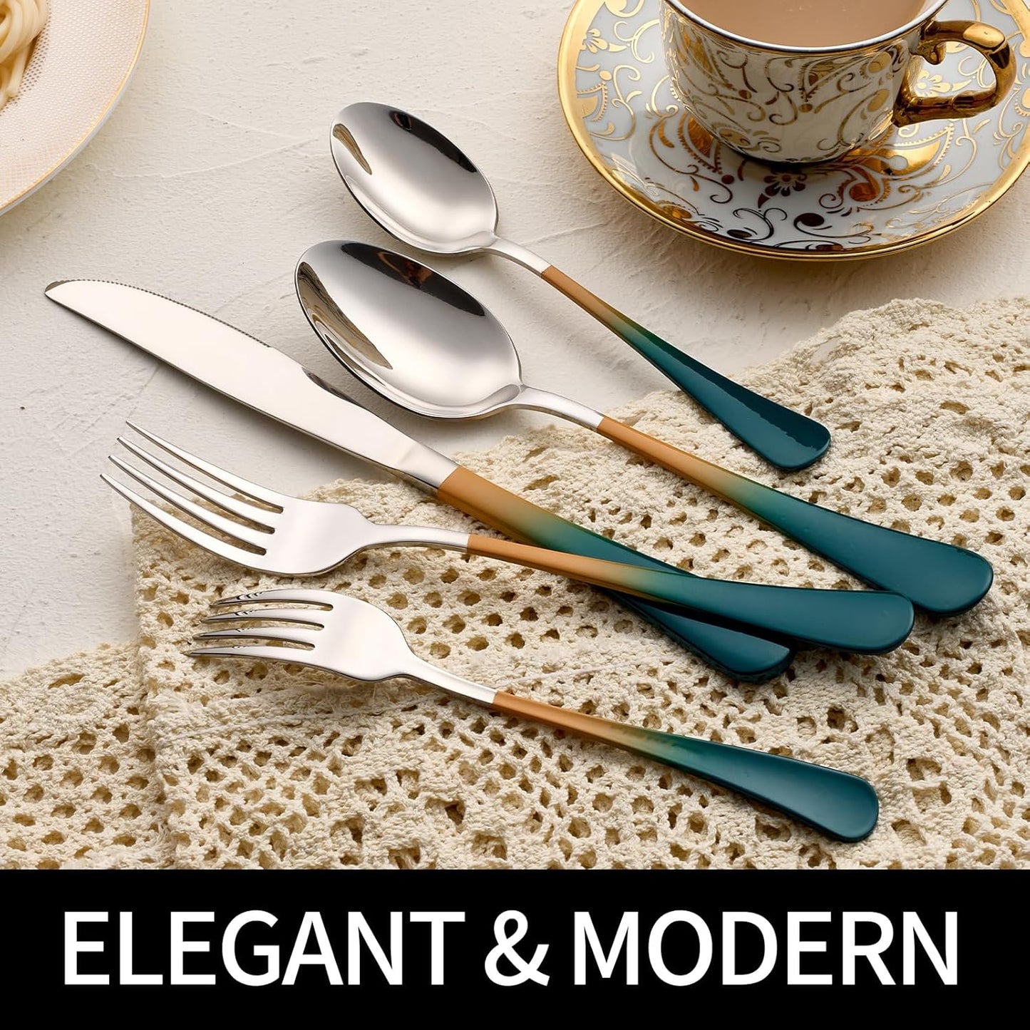 20-Pieces Green Orange Silverware Sets for 4,Green Orange Handle Stainless Steel Cutlery Set, Include Forks Spoons and Knives Set, Dishwasher Safe Utensil Sets for Home Restaurant