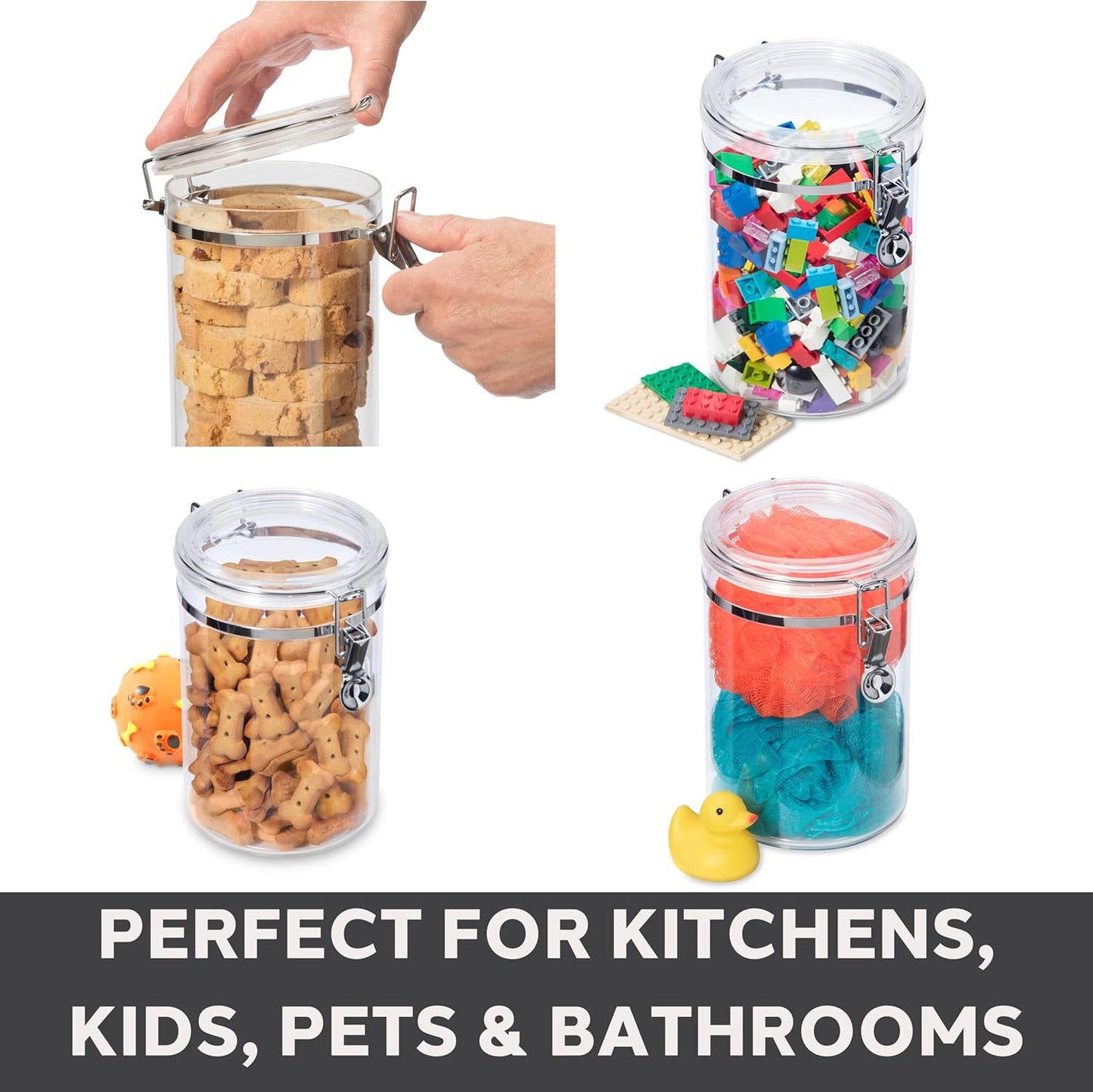 Oggi 4pc Clear Canister Set with Clamp Lids Airtight Containers in Sizes Ideal for Kitchen & Pantry Storage of Bulk, Dry Foods Including Flour, Sugar, Coffee, Rice, Tea, Spices & Herbs