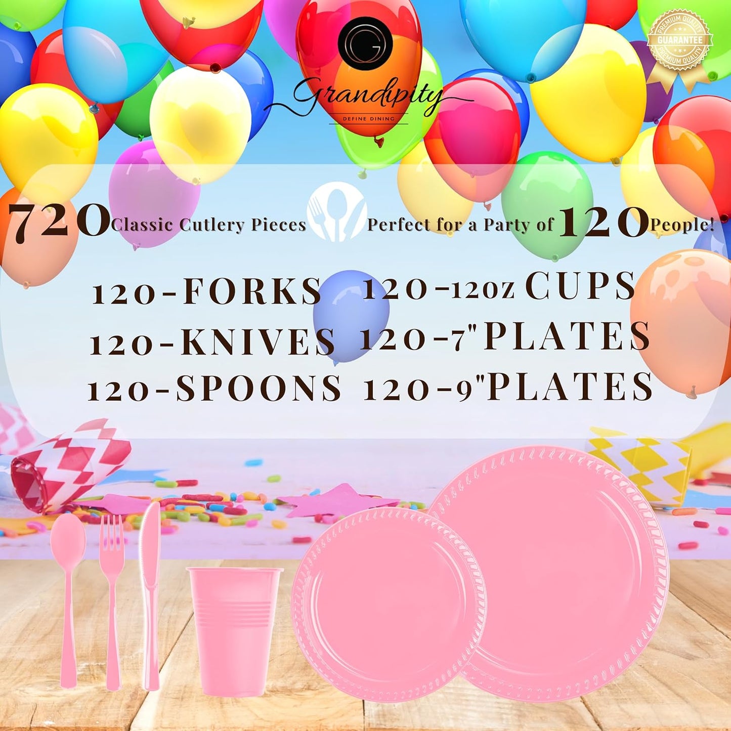 Grandipity 720 Piece Pink Disposable Dinnerware Set, Plastic Dinnerware Set Includes 120 Count 9' Dinner Plates, 7' Dessert Plates, 12oz Cups, Forks, Knives & Spoons