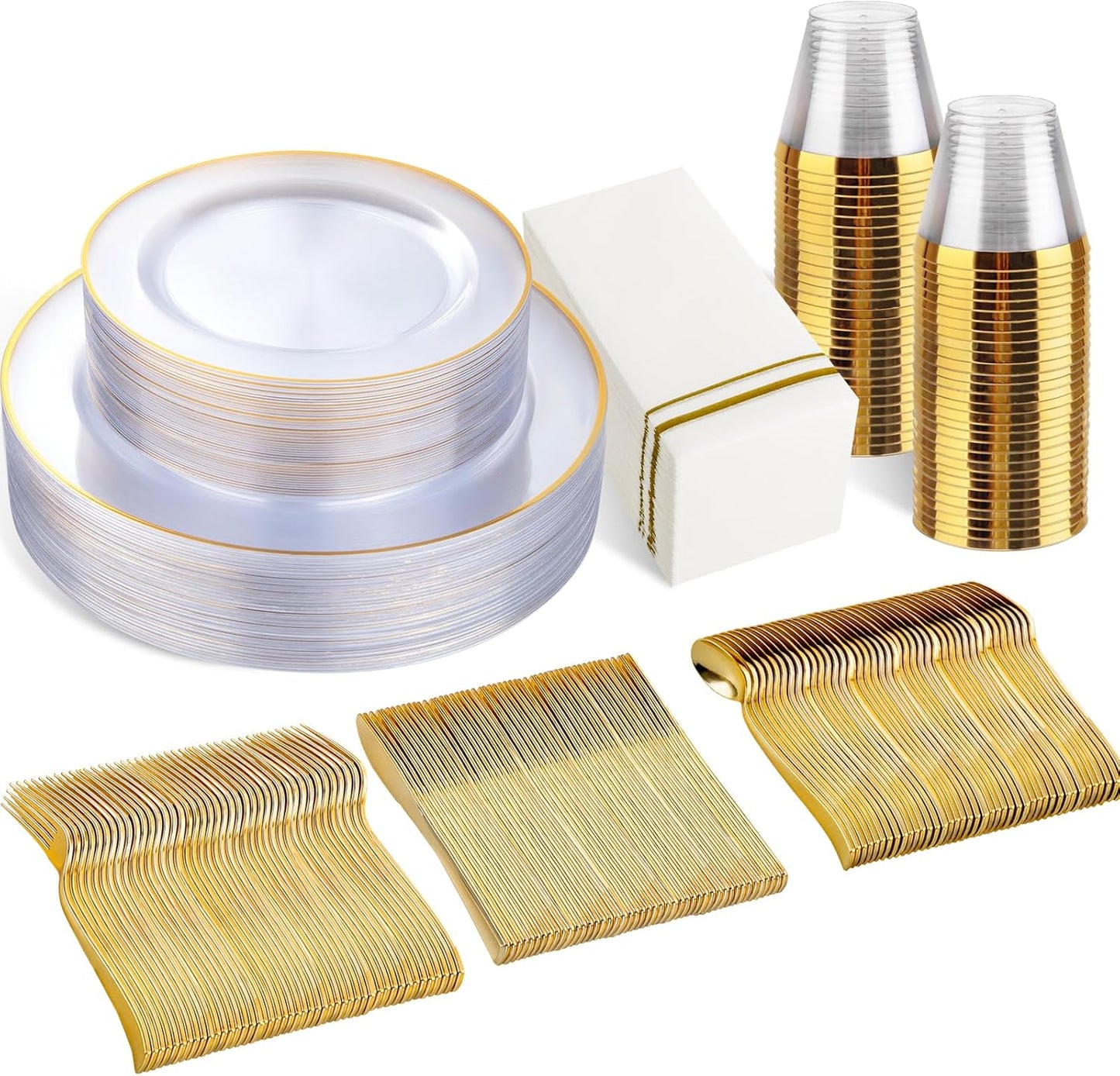 SUT 175 PCS Clear and Gold Plastic Plates, Plates Disposable Heavy Duty for 25 Guests, Disposable Plates for Party and Wedding, Party plates and Cups and Napkins Sets, Plastic plates Disposable