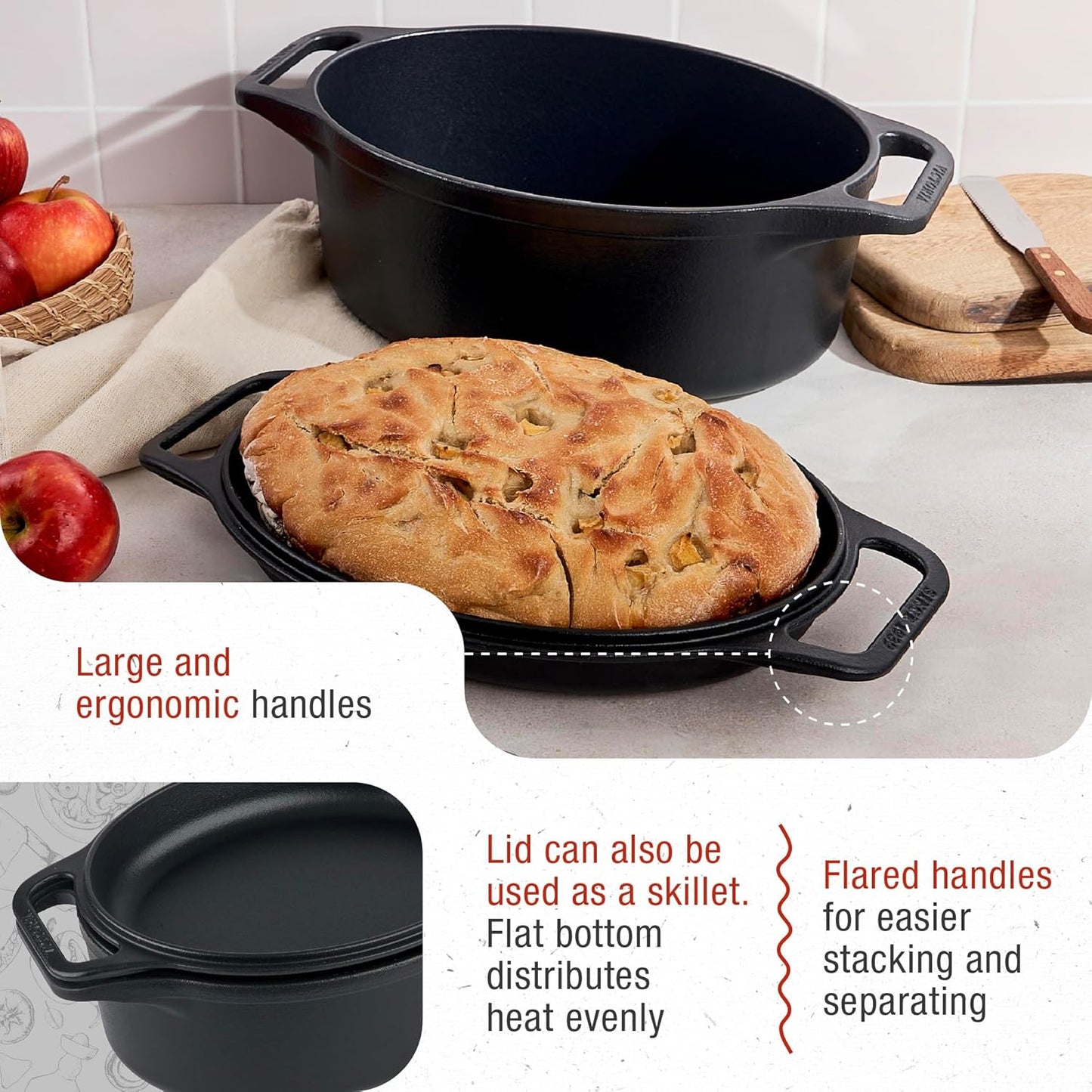 Victoria 6-Quart Cast Iron Oval Dutch Oven, Combination Combo Cooker Pot and Skillet, Bread Baker, Made in Colombia, 2-Piece Set