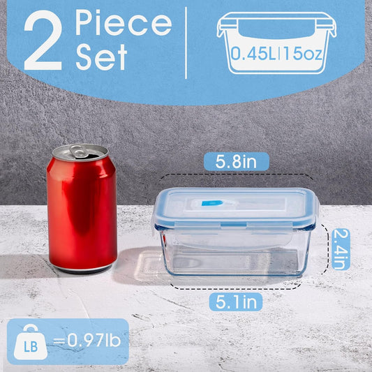 NUTRIUPS 0.45L Glass Food Storage Containers Set of 2, Rectangular Meal Prep Containers, Food Storage Containers