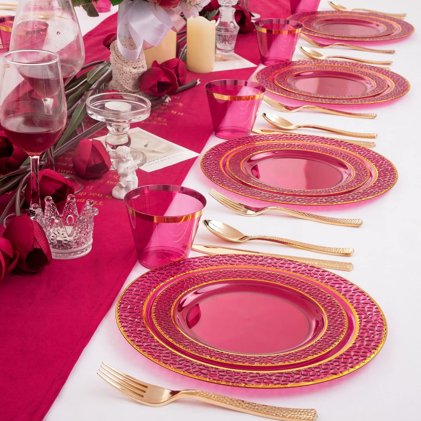 Ciaell 150PCS Clear Red Plastic Plates - Disposable Red and Gold Plates Set include 50Plates, 25Forks, 25Knives, 25Spoons, 25Cups for Wedding & Party & Christmas