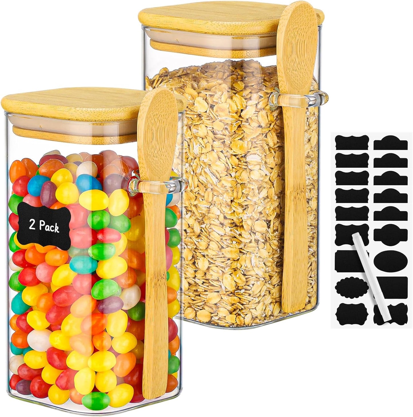 Glass Containers with Airtight Lid - 2 Pack 23 Fl.oz Square Glass Jars with Bamboo Lids and Spoons, Includes Labels and Marker, Empty Flour Sugar Storage Canister for Bean, Pasta, Candy, Cookies