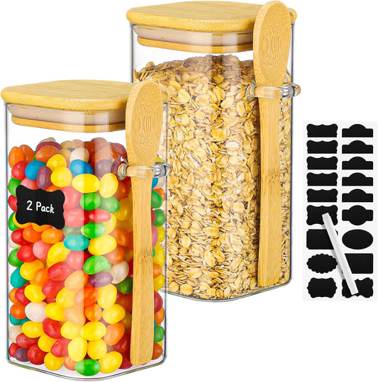 Glass Containers with Airtight Lid - 2 Pack 23 Fl.oz Square Glass Jars with Bamboo Lids and Spoons, Includes Labels and Marker, Empty Flour Sugar Storage Canister for Bean, Pasta, Candy, Cookies