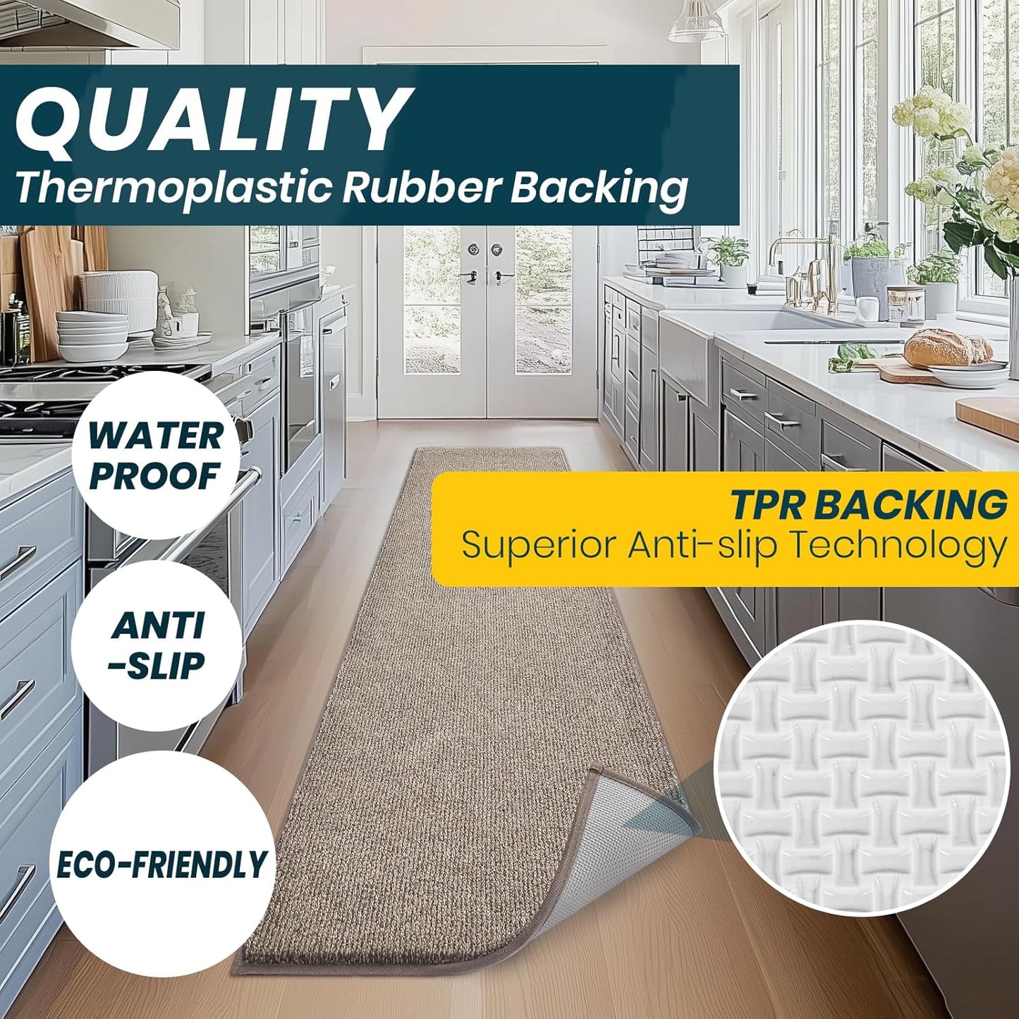 Washable Kitchen Rug 24" x 82" / 60cm x 210cm, Non Slip Kitchen Mat for Floor, Absorbent Indoor Entryway Runner Rug for Hallway, Laundry, Bathroom, Bedroom (Roll Packing)