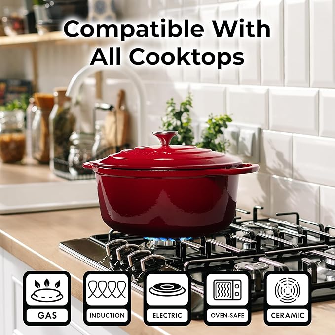 Zulay Kitchen 5 Quart Enameled Cast Iron Dutch Oven Pot with Lid – Premium Durability & Oven Safe up to 500°F – Heavy Duty Cookware Perfect for Bread Baking, Stews, Braising & Roasting – Red