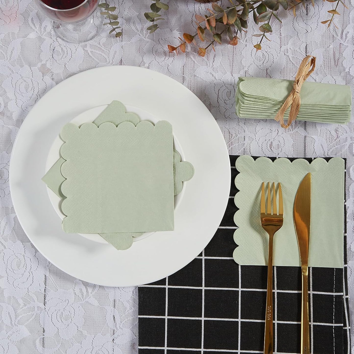 100 Pack Cocktail Napkin 2-Ply Scalloped Edged Dessert Napkins Folded 5 x 5 Inches Disposable Napkins for Dinner Wedding Birthday Party Bridal Anniversary Reception Event (Sage Green)